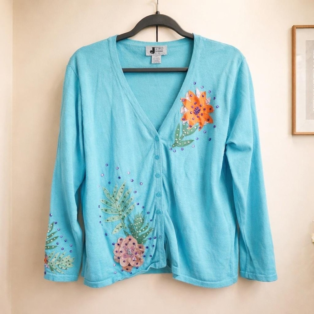 J Two New York XXL Vintage Turquoise Blue Floral Sequin Cardigan‎ Sweater